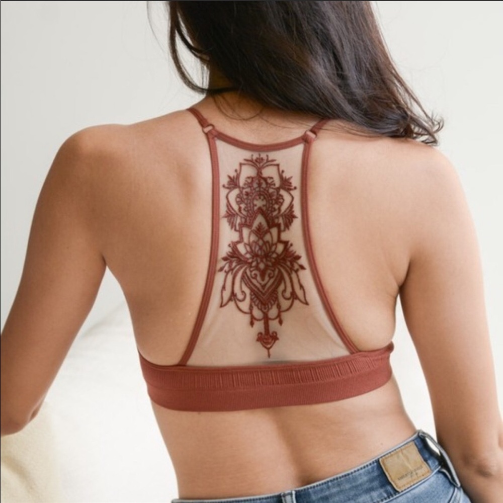 Black Bralette Bra Lace Strappy Tattoo Sheer Sexy - Picture 7 of 8